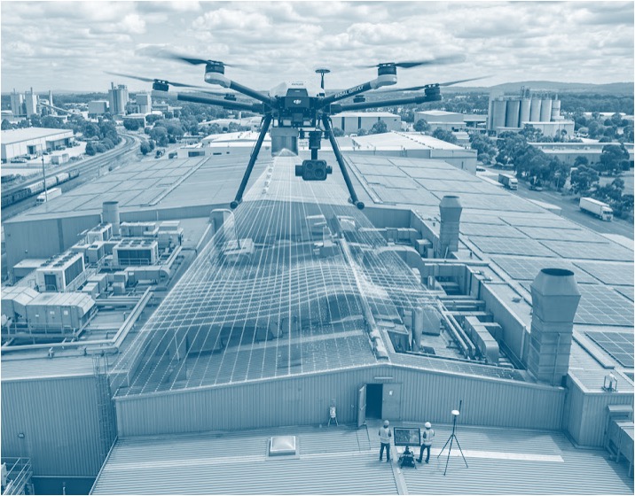 Bureau etude - releves plans - drone - bleu - usine